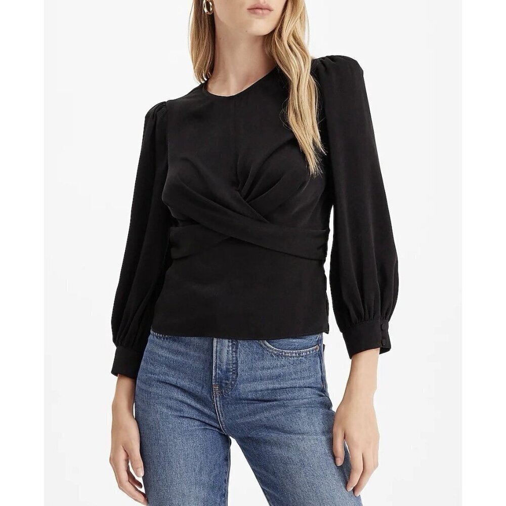 Express Women's Satin Wrap Top Size XS Black Crew Neck 3/4 Puff Sleeve NWT $64